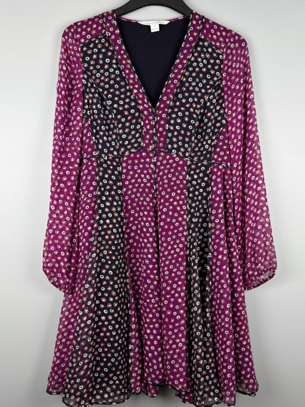 Diane Von Furstenberg Ivetta Silk Babydoll Dress Womens 10 Purple Polka Dot Boho